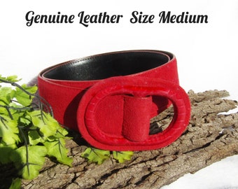 Vintage red Leather belt women -wide red belt -red Suede leather belt -Medium belt waist Up to 32"  # 8