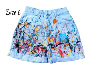 high waisted denim shorts - size 6 shorts, Boho denim shorts - OOAK shorts -hand painted shorts -  denim shorts - free people shorts - # 90