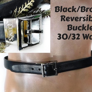 vintage Black/ Brown belt men -Reversible Buckle belt -Chaps belt - Flax Vegan leather belt -size 30/32 waist-silver buckle belt # 22 Johnny