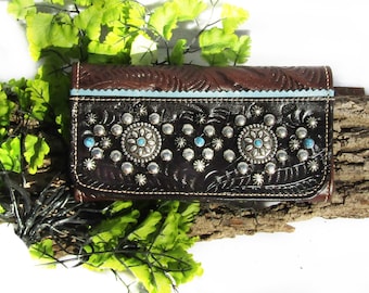 Genuine Leather Tooled Western Wallet -Western leather Tri fold clutch  - American West tooled brown leather  -Hand Tooled Leather - # 21