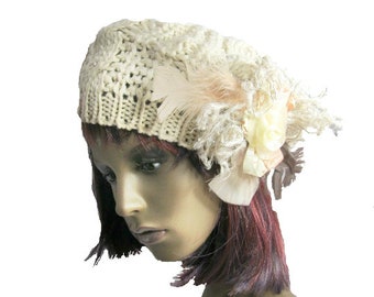 knit hat - cream hat - beret and hat - Winter hat - gifts under 30 - Women's beret - -  # 188