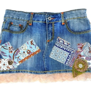 Denim Mini skirt  -upcycled denim skirt, Acid wash denim skirt - Denim Patchwork Skirt-blue jean skirt -  Size 9 skirt,    # 24