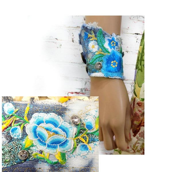 OOAK blau Stoff Manschette Armband - Textil Manschette Armband - tragbare Kunst Armband - Boho Manschette Armband, Stoff Manschette Armband - 3