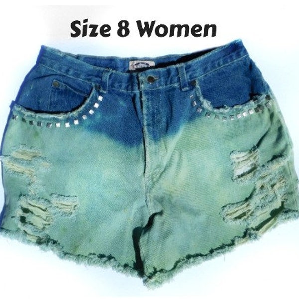 high waisted jean shorts - green jean shorts - grunge denim shorts -distressed jean shorts -upcycled dyed shorts -Hippy shorts  # 37