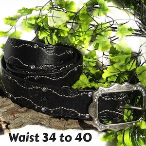 Vintage Western black belt - Tooled decorative belt women -Black genuine Leather  belt - stylish belt -waist 34 to 40 inches - # 48