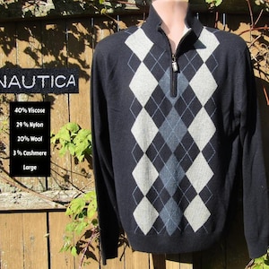 Vintage Argyle Sweater -Navy sweater men - Cotton men&#39;s Sweater - Preppy Sweater - Zip neck sweater, pull over sweater -Large sweater, # 46