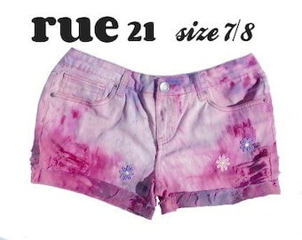 pink dyed shorts - Shredded shorts, distressed jean shorts -pink upcycled shorts -pink denim shorts -high waisted shorts - size  7/8 - # 125
