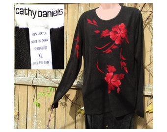 Vintage Knit Black Sweater women -Crewneck pullover sweater -Floral sweater women - Embellished Elegant evening sweater -size X Large - # 30