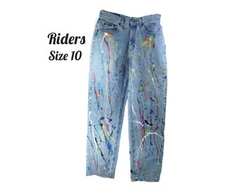 Handgeschilderde jeans voor dames - Denim jeans met hoge taille maat 12 - Paint Splatter Jeans festivalkleding - vintage upcycled jeans - #1