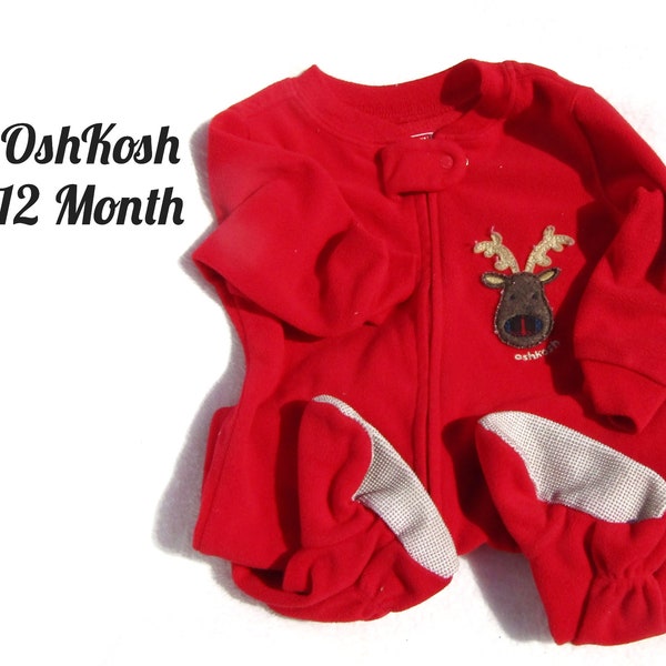 Vintage OshGosh Sleeper -Red Christmas PJ's -12 months -Holiday Christmas Pajamas -Zipper Footed  Romper -Christmas photo outfit  # 3 Child