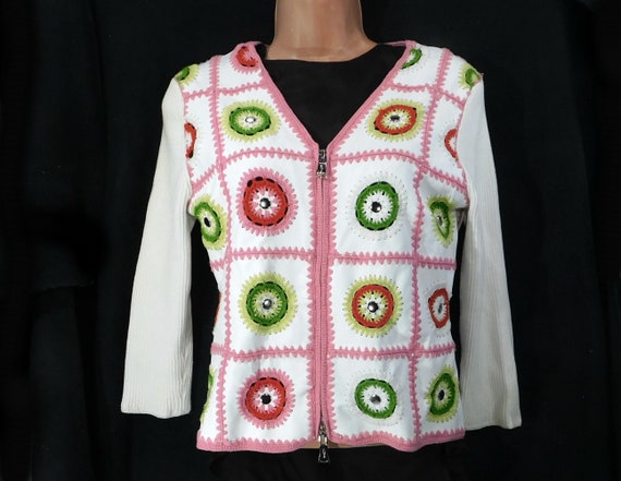 Vintage sweater jacket - Hand crochet front- whit… - image 1