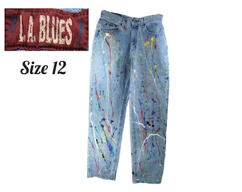 Handgeschilderde jeans voor vrouwen - hoog getailleerde spijkerbroek maat 12 - Paint Splatter Jeans festivalkleding - vintage upcycled jeans - # 5