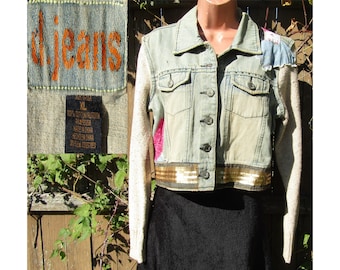 sweater sleeve jacket , blue jean denim jacket Women ,Sweater Jacket ,Shabby chic jacket ,Denim Crop Jacket ,size Junior X Large # 61