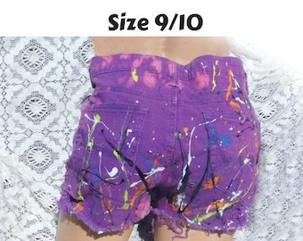 purple Denim Shorts- size 9/10 shorts- Hand painted denim shorts -Hand painted clothing  - frayed denim shorts -one of a kind-  # 95