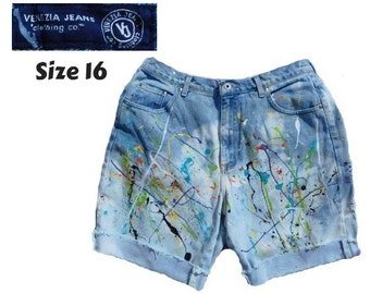 high waisted jean shorts - size 8 shorts- Boho denim shorts - OOAK shorts -hand painted shorts - denim shorts - free people shorts -  # 117