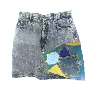patchwork Skirt-Upcycled Women&#39;s Jean Skirt- Denim OOAK Designer skirt, Black denim skirt -Recycled Jeans  skirt - Size  10-12--    # 8