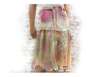 altered jean skirt - pink skirt - Eco-friendly skirt - Mori girl skirt - Upcycled pink skirt , tattered skirt -  Size 7  #  5