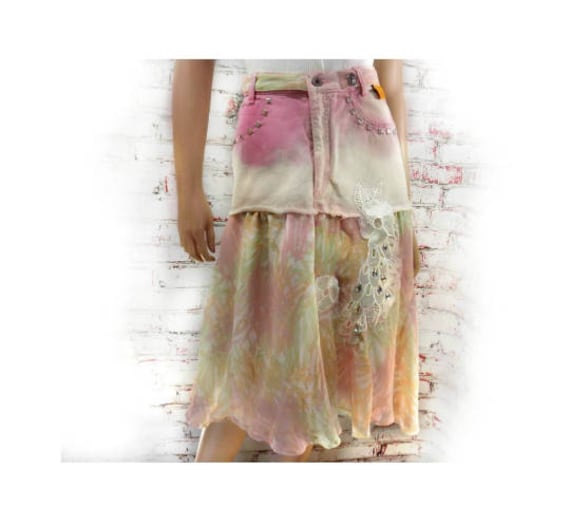 altered jean skirt - pink skirt - Eco-friendly sk… - image 1