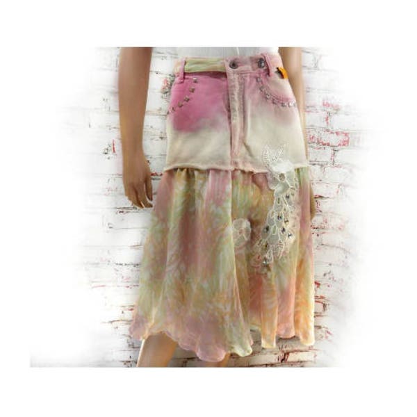 altered jean skirt - pink skirt - Eco-friendly skirt - Mori girl skirt - Upcycled pink skirt , tattered skirt -  Size 7  #  5