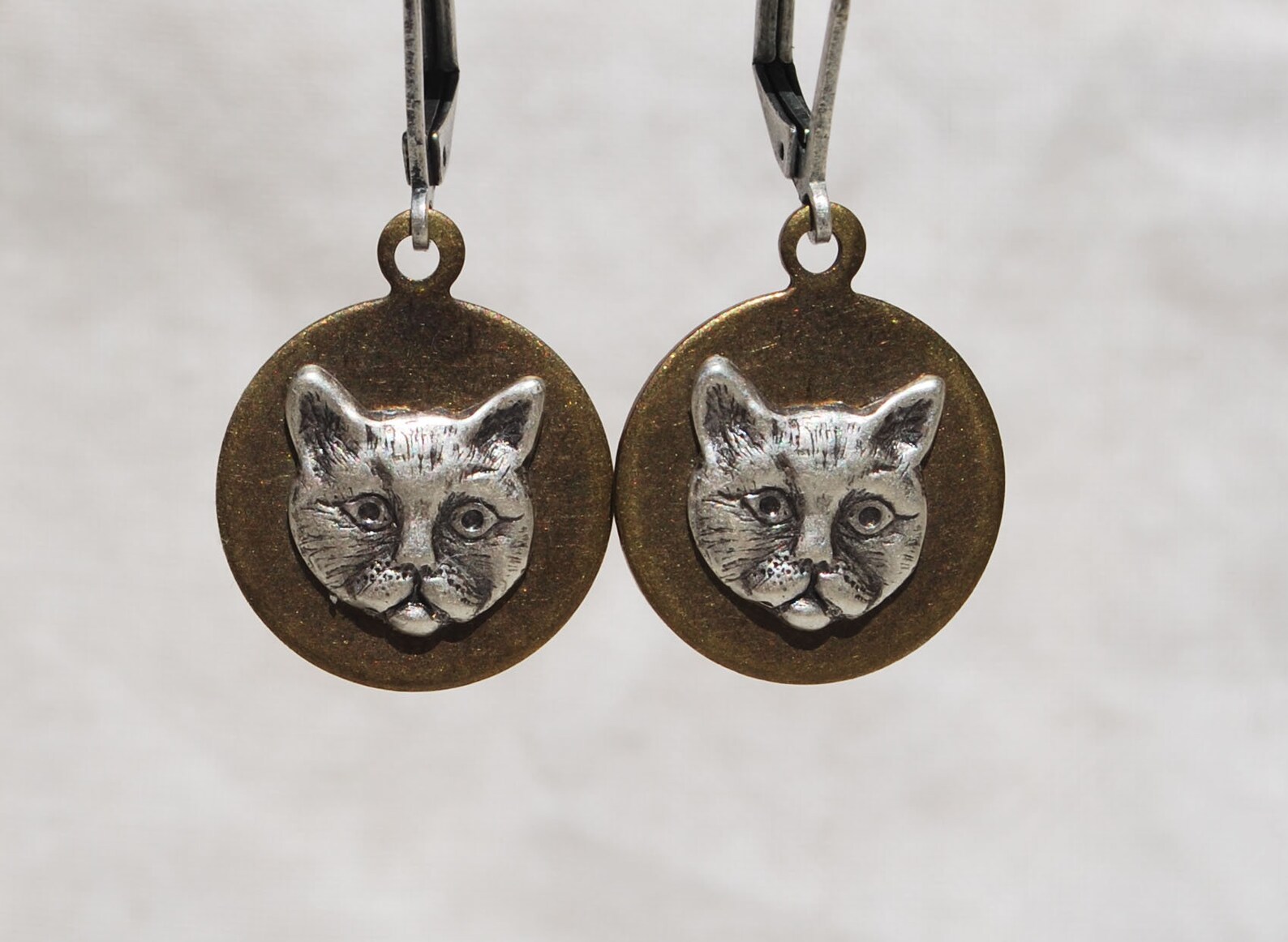 Mixed Metal Cat Face Earrings Silver & Brass Etsy UK