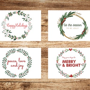 Set di cartoline di Natale stampabili, biglietti d'auguri ghirlanda, cartoline di buon Natale, download istantaneo, buon Natale, cartoline di Natale digitali