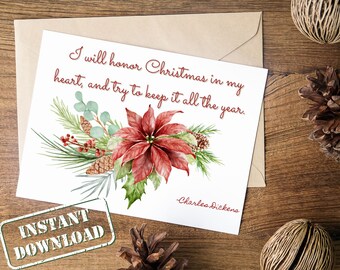 Tarjeta de Navidad imprimible, Tarjetas de felicitación de Poinsettia, Tarjetas de Feliz Navidad, Descarga Instantánea, Feliz Navidad, Tarjetas de Navidad Digitales