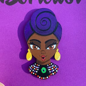 Hand painted Wooden brooch "Queen" African Queen Headwrap Beauty