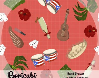 Boricua Christmas Puerto Rico Seamless pattern 12x12 inches Rojo (PNG JPEG)