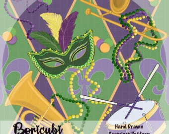 Fat Tuesday Mardi Gras Seamless pattern 12x12 inches (PNG JPEG)