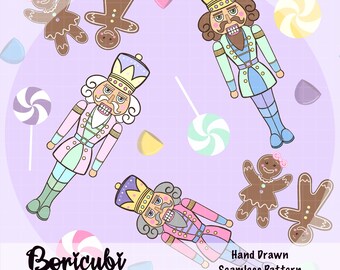 Lavender Christmas Nutcracker Gingerbread Gum drops Seamless pattern 12x12 inches (PNG JPEG)