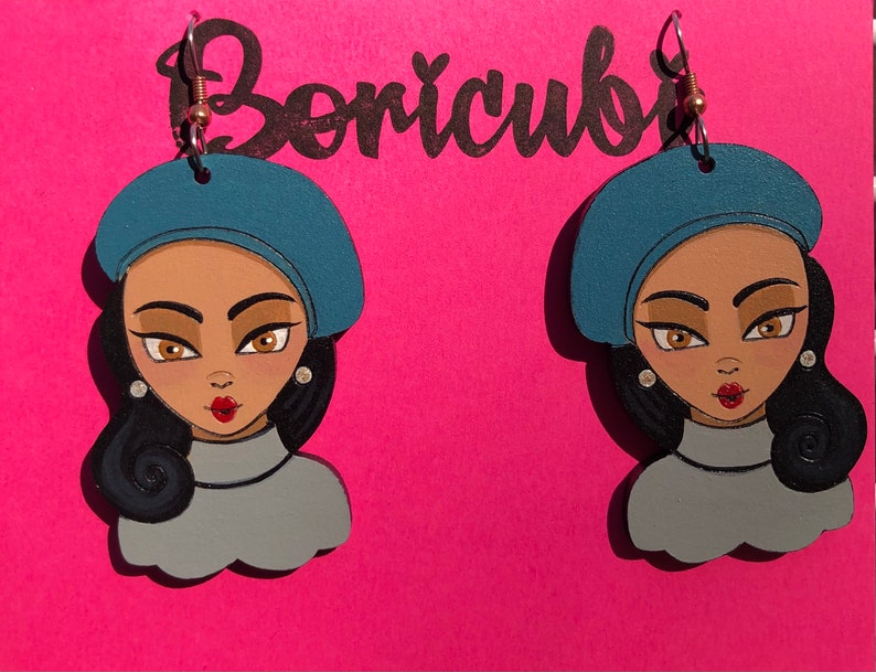 AUTUMN Hand painted Wooden Earrings Lightweight Girl with Beret Wood Rockabilly
