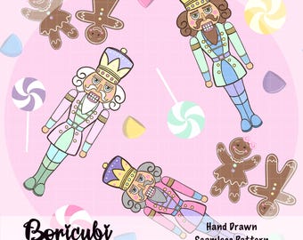 Pink Christmas Nutcracker Gingerbread Seamless pattern 12x12 inches (PNG JPEG)