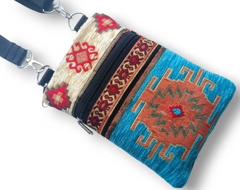 Blue Turkish Kilim iPhone Crossbody Bag: Bohemian Sling Pouch iphone 17 pro max