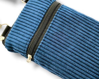 Blue Corduroy iPhone Crossbody Bag: Travel Phone Purse with Adjustable Strap