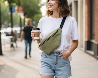 Green Corduroy Belt Bag with Gold Zipper and Wide Adjustable Strap
