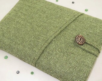 Herringbone Green 15 Laptop Case: Chenille Cotton MacBook Pro/Air Sleeve