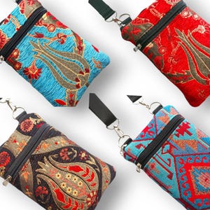 Floral Tapestry Crossbody Phone Pouch with Zipper and Padded Fabric Sleeve