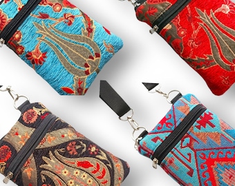Floral Tapestry Crossbody Phone Pouch with Zipper and Padded Fabric Sleeve