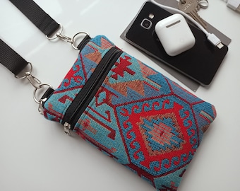 Blue Turkish Kilim Crossbody Bag, Woven Travel Sling Pouch