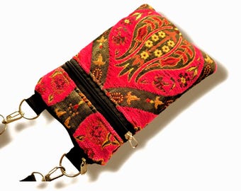 Pink Tulip Tapestry Crossbody Phone Pouch with Zipper and Padded Fabric Sleeve