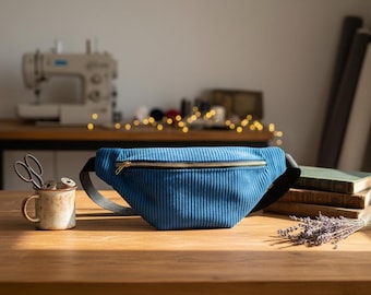 Blue Corduroy Belt Bag with Wide Strap Crossbody and Personalizable Detail