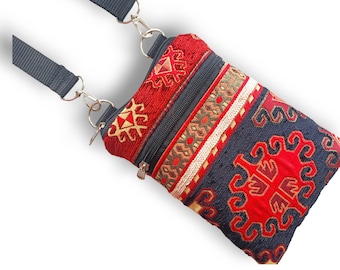Red Turkish Kilim Crossbody Bag: Bohemian iPhone Sling Pouch iPhone 17 Pro Max