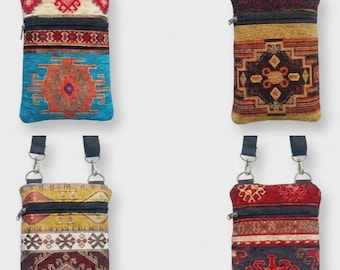 Turkish Kilim Crossbody Bag, Woven Boho Phone Pouch, Zippered Travel Bag