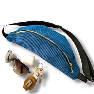 Blue Corduroy Fanny Pack: Vintage Adjustable Waist Bum Bag