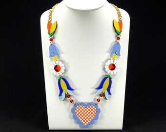 Polish Kaszuby Blue Heart Statement Necklace