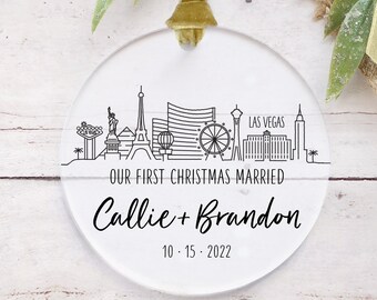 Custom city ornament for couple, choose your city round acrylic ornament, first Christmas married ornament