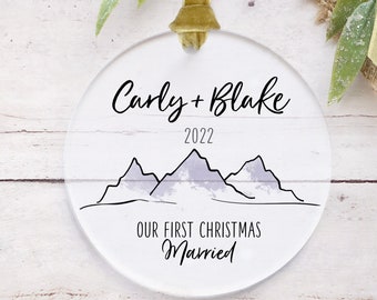 Personalized our first Christmas ornament, mountain married, clear acrylic ornament