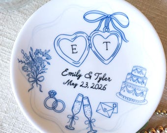 Personalized Ceramic Ring Dish, Hand-Drawn Wedding Engagement Gift,