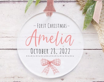 Personalized first Christmas ornament, clear acrylic ornament with pink velvet ribbon, Customizable artwork