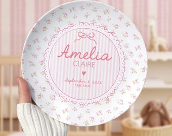 Personalized Baby Girl Ceramic Plate, Keepsake Birth Announcement with name, birth date and weight